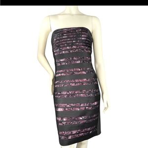 CACHE Black/Purple Floral Strapless built-in bra Bodycon party cocktail dress
